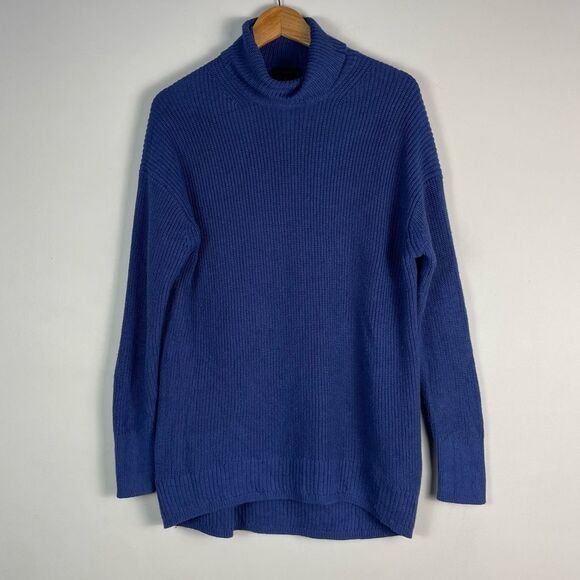 J Crew Ribbed Cotton Cashmere Blend Turtleneck Relaxed Sweater Sz S Blue - Picture 1 of 14